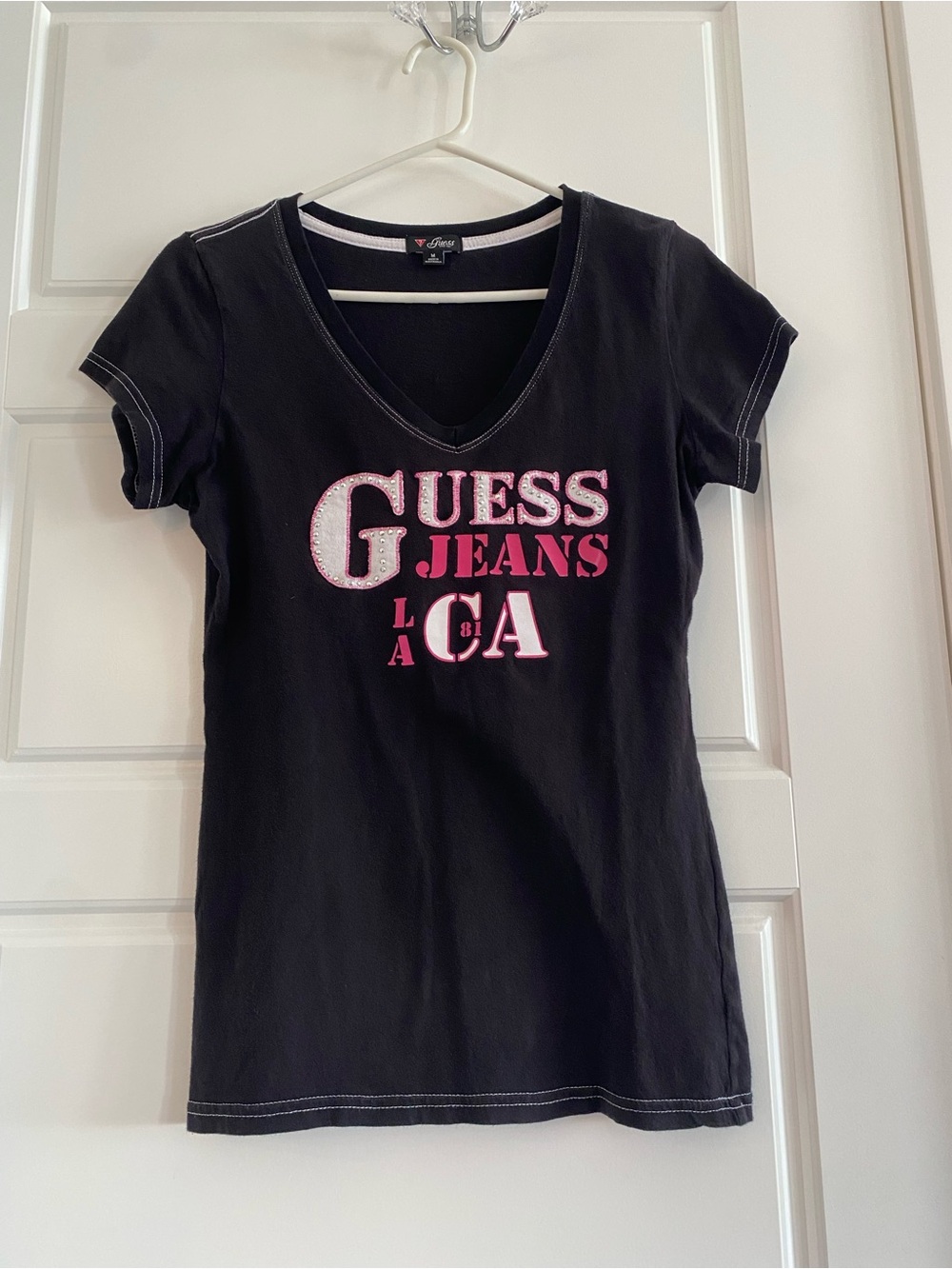 $8 Bundle Item Guess Black V-Neck Logo Tee with Pink Accents